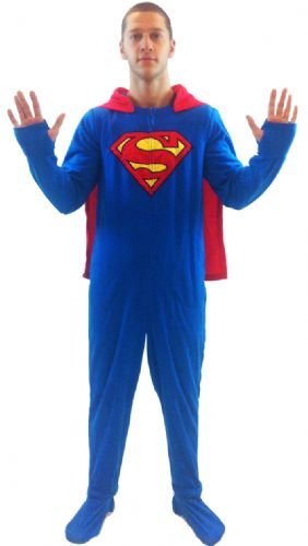 DC Comics Superman 1 piece Footed Onsie Adult Blue Pajama with Cape (Adult Small)