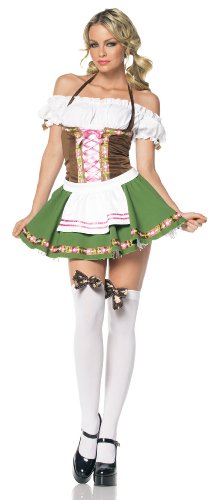 Leg Ave Women’s 2 Piece Gretchen Includes Dress With Trim And Stockings With Bows, Brown/Green, Medium