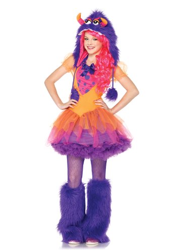 Leg Avenue 2 Piece Furrrocious Frankie Dress And Furry Monster Hood With Pom Pom Ties, Orange/Purple, Small/Medium