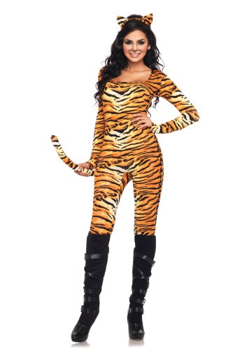 Leg Avenue 2 Piece Wild Tigress Catsuit With Tail And Matching Ear Headband, Orange/Black, Small/Medium