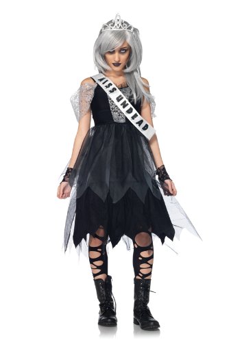 Leg Avenue Costumes 4Pc.Zombie Prom Queen Dress Sash Fingerless Gloves Tiara, Black, Small/Medium