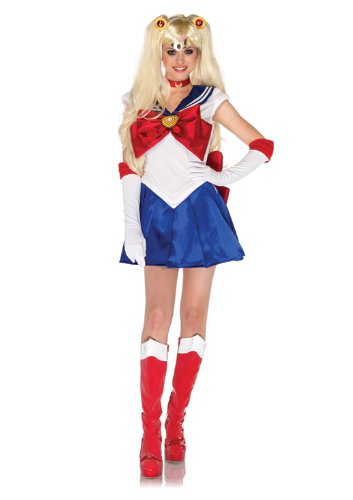 Leg Avenue Costumes 5Pc.Sailor Moon Dress Choker Gloves Headpiece Hair Clips, White/Blue, Medium