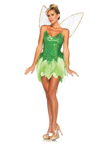 Leg Avenue Disney 5Pc.Pixie Dust Tink Sequin Dress Back Bow Straps Wings Pompom Clips, Green, Small