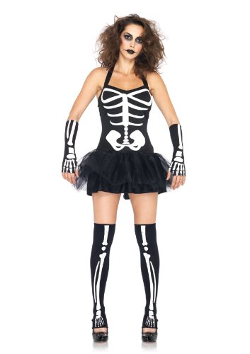 Leg Avenue Women’s 3 Piece Sexy Skeleton Tutu Dress with Glow In Dark Bone Gloves And Thigh Highs, Black/White, Small/Medium