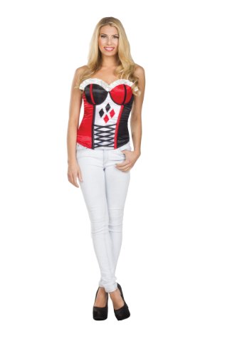 Secret Wishes DC Comics Justice League Superhero Style Adult Corset Top with Logo Harley Quinn, Red, Medium