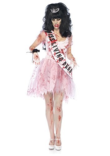 3 PC. Putrid Prom Queen, includes bloody tattered prom dress, Miss Living Dead sash, and zombie crown.(PINK,MED/LGE)