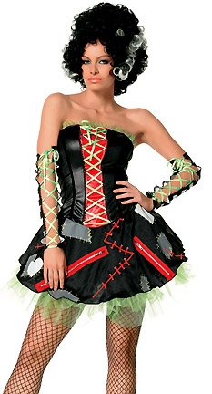 3Pc. Monster’s Bride Incl Bolt Headpiece,Striped Arm Warmers,Patched Dress(BLACK,LARGE)