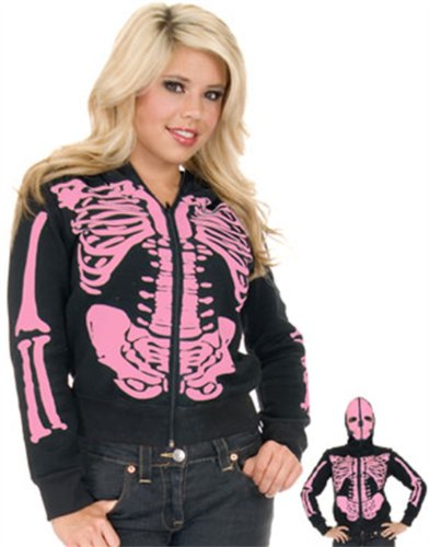 Charades Women’s Skeleton Hoodie, Pink/Black, X-Large